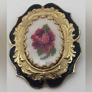 Vintage Floral Brooch with Gold and Black Accents Embroidery Flower